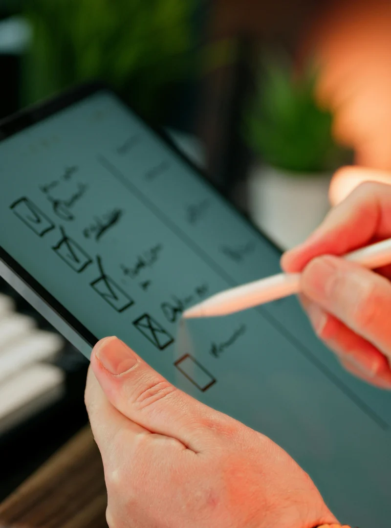 Engineer reviewing technical drawings and planning at a desk