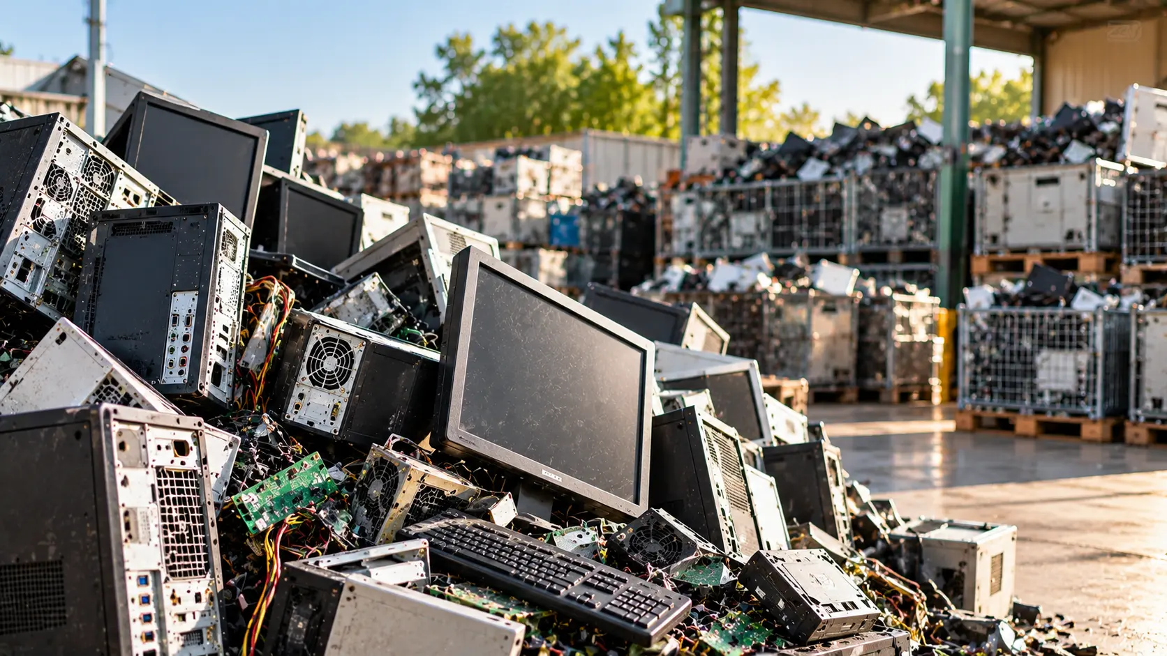 Stacked retired televisions and computer monitors ready for collection