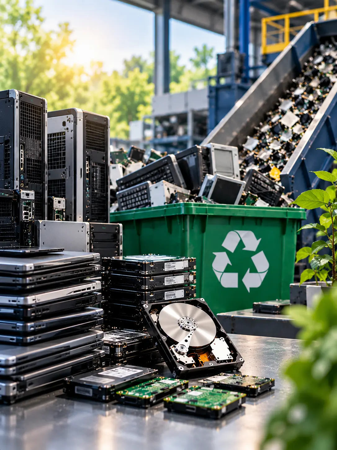 Stacked retired desktop computers and printers awaiting disposal