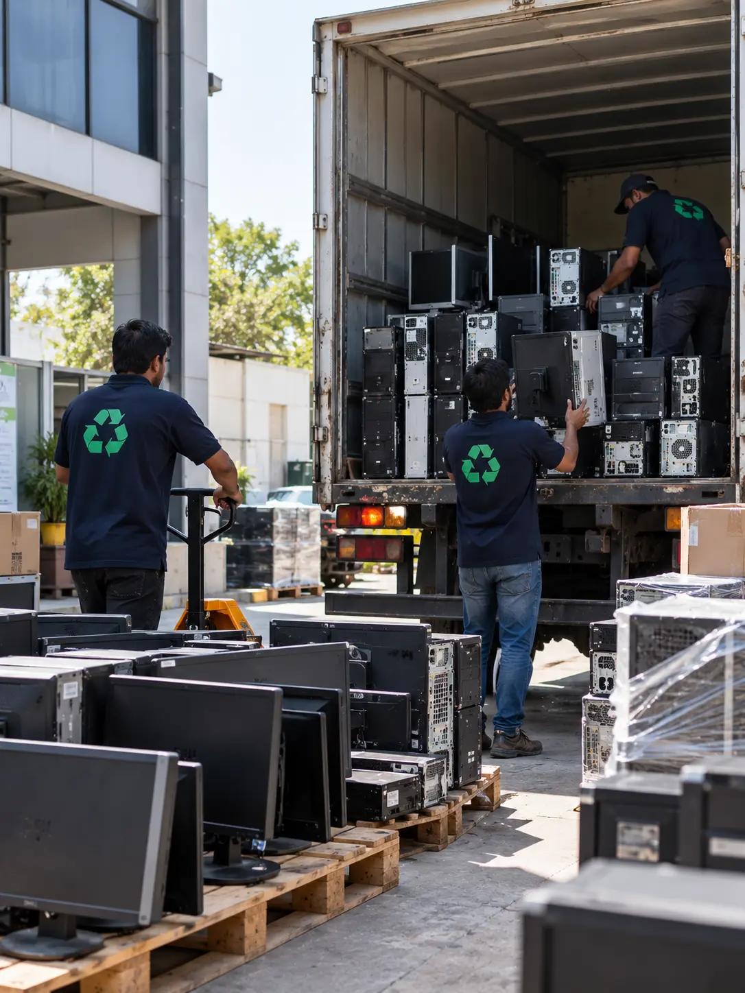 Courier loading cardboard boxes into a delivery van