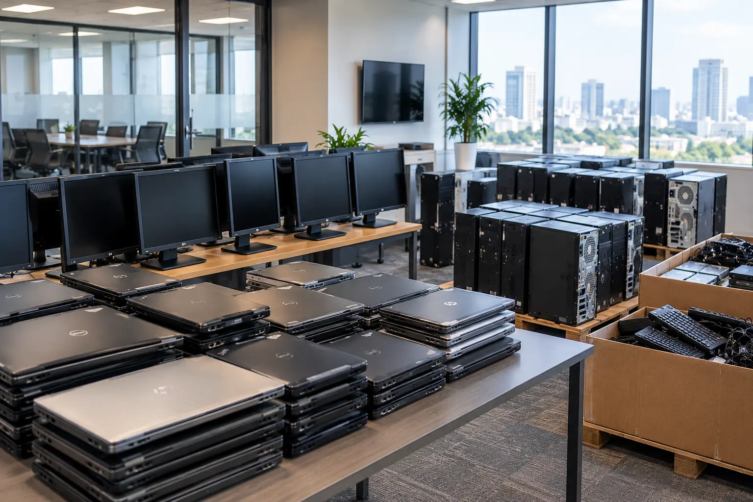 Large open-plan enterprise workspace with professionals at computers