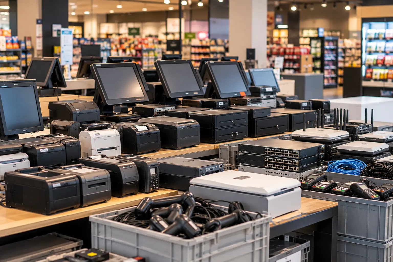 Retail staff member using a touchscreen point-of-sale terminal