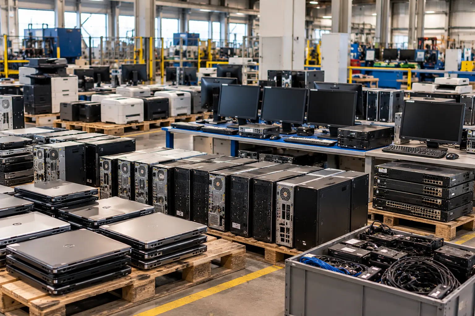 Engineer with a tablet inside an industrial manufacturing facility
