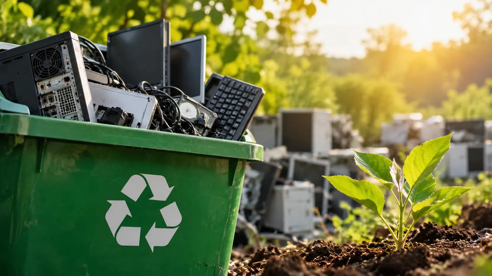 Stacked discarded computers and electronic equipment awaiting recycling