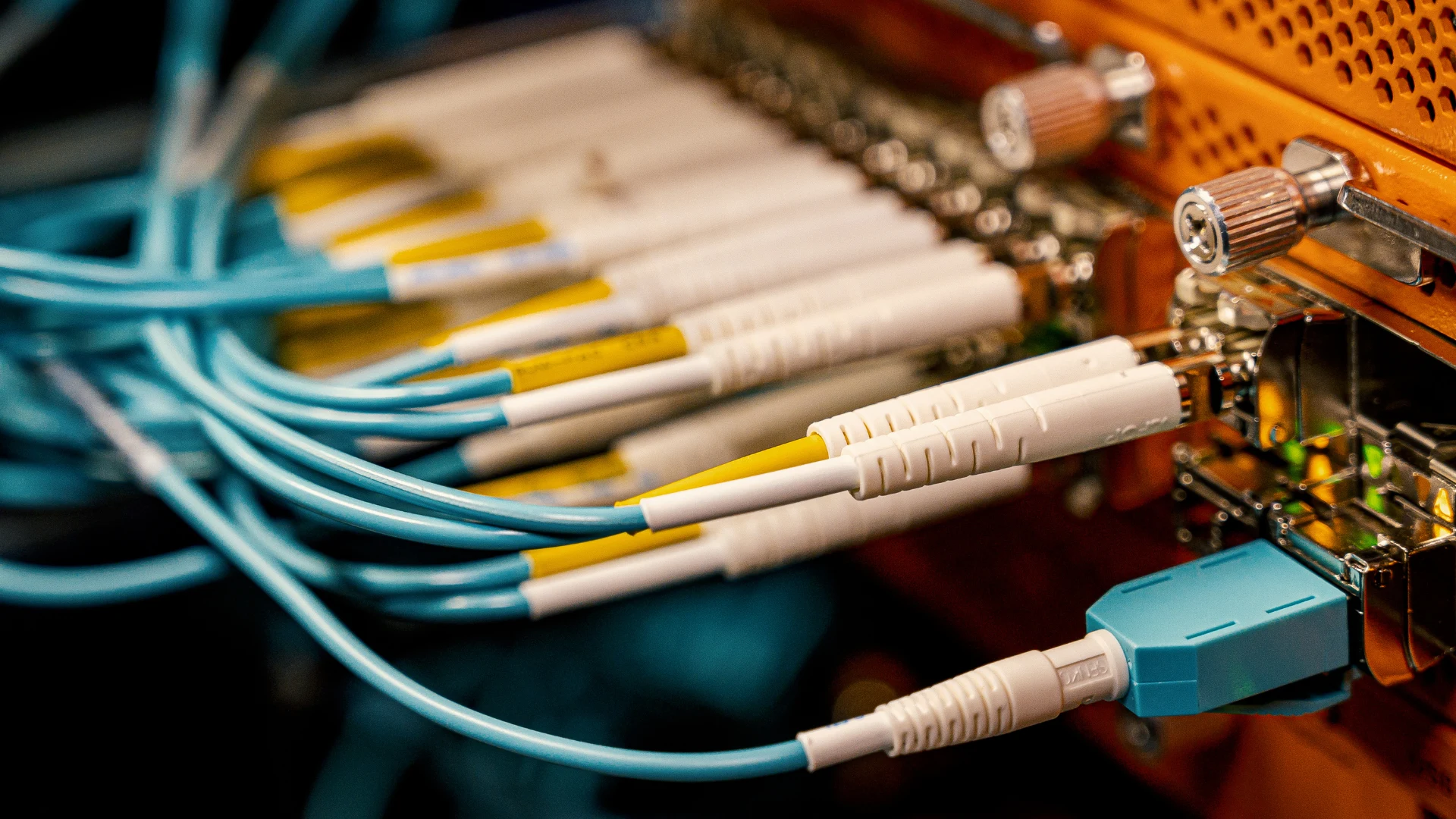 Network patch panel with ethernet cables connected