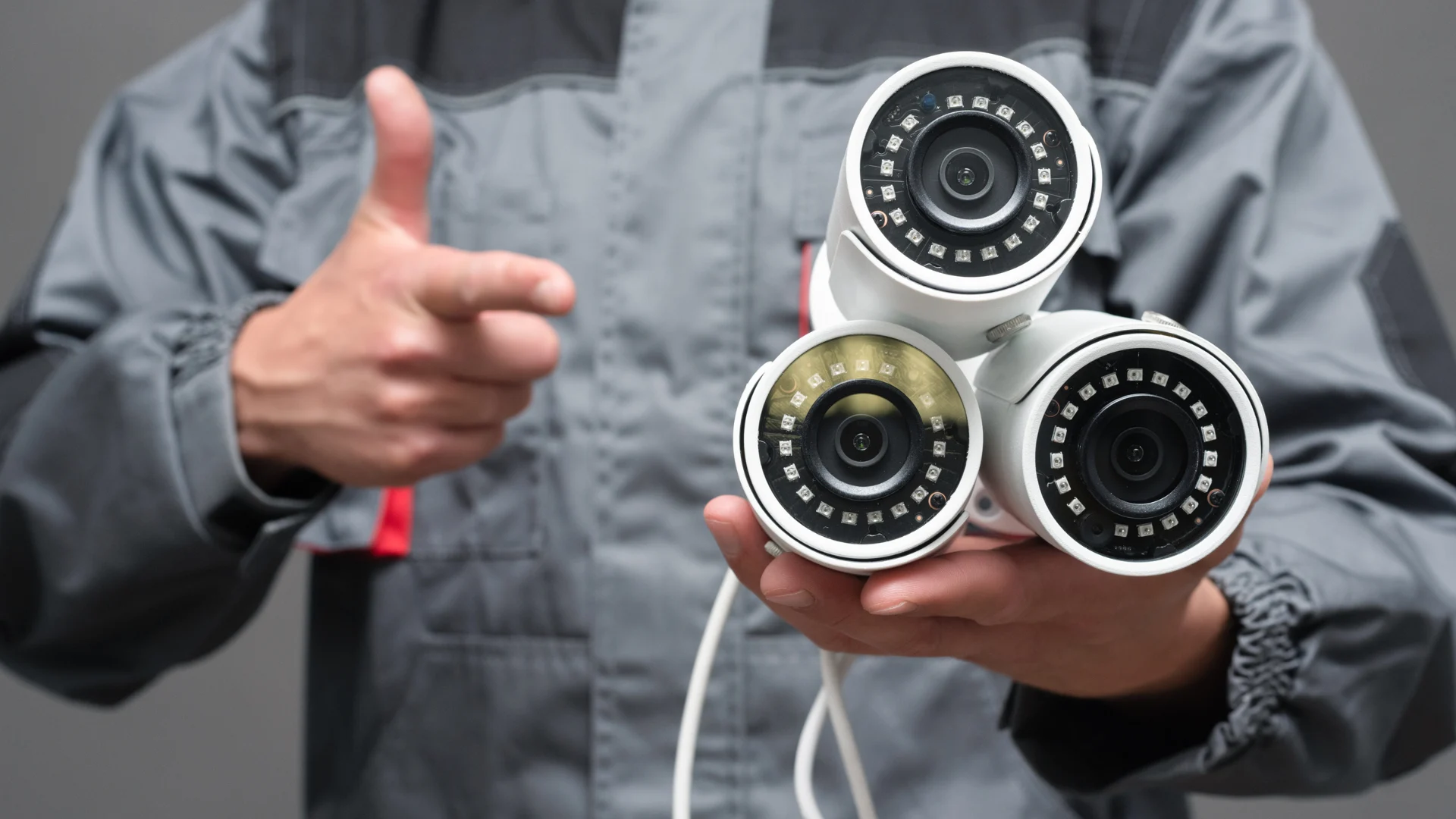 Grid of CCTV surveillance cameras mounted on a wall