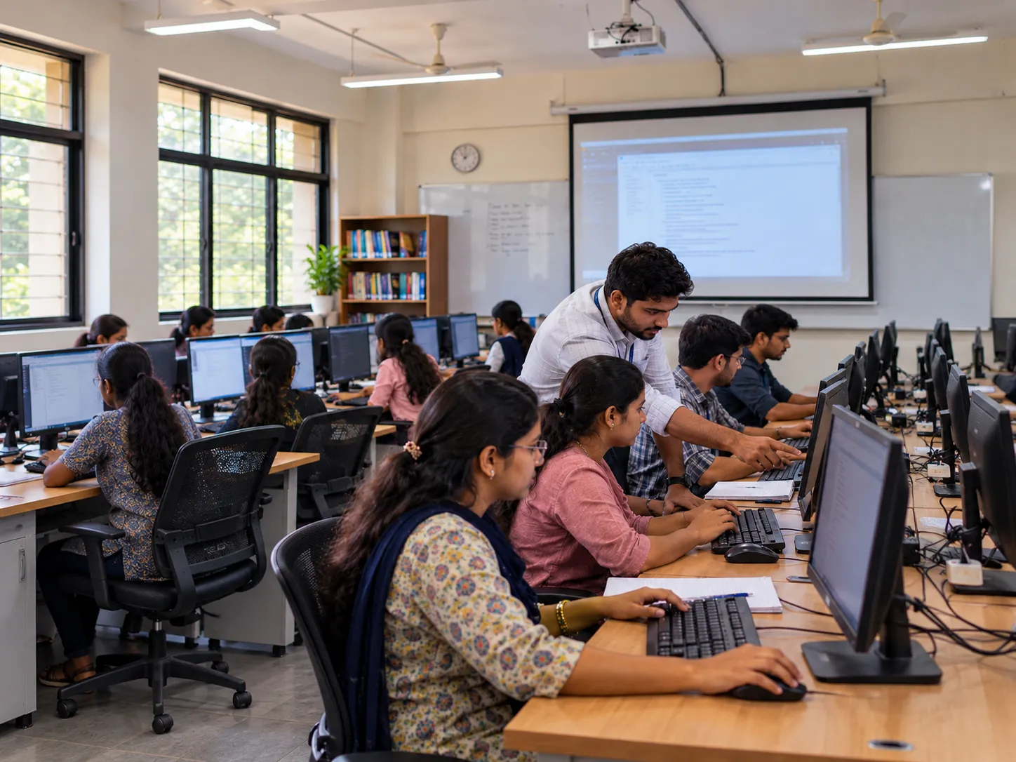 Students in a modern classroom learning with an interactive display