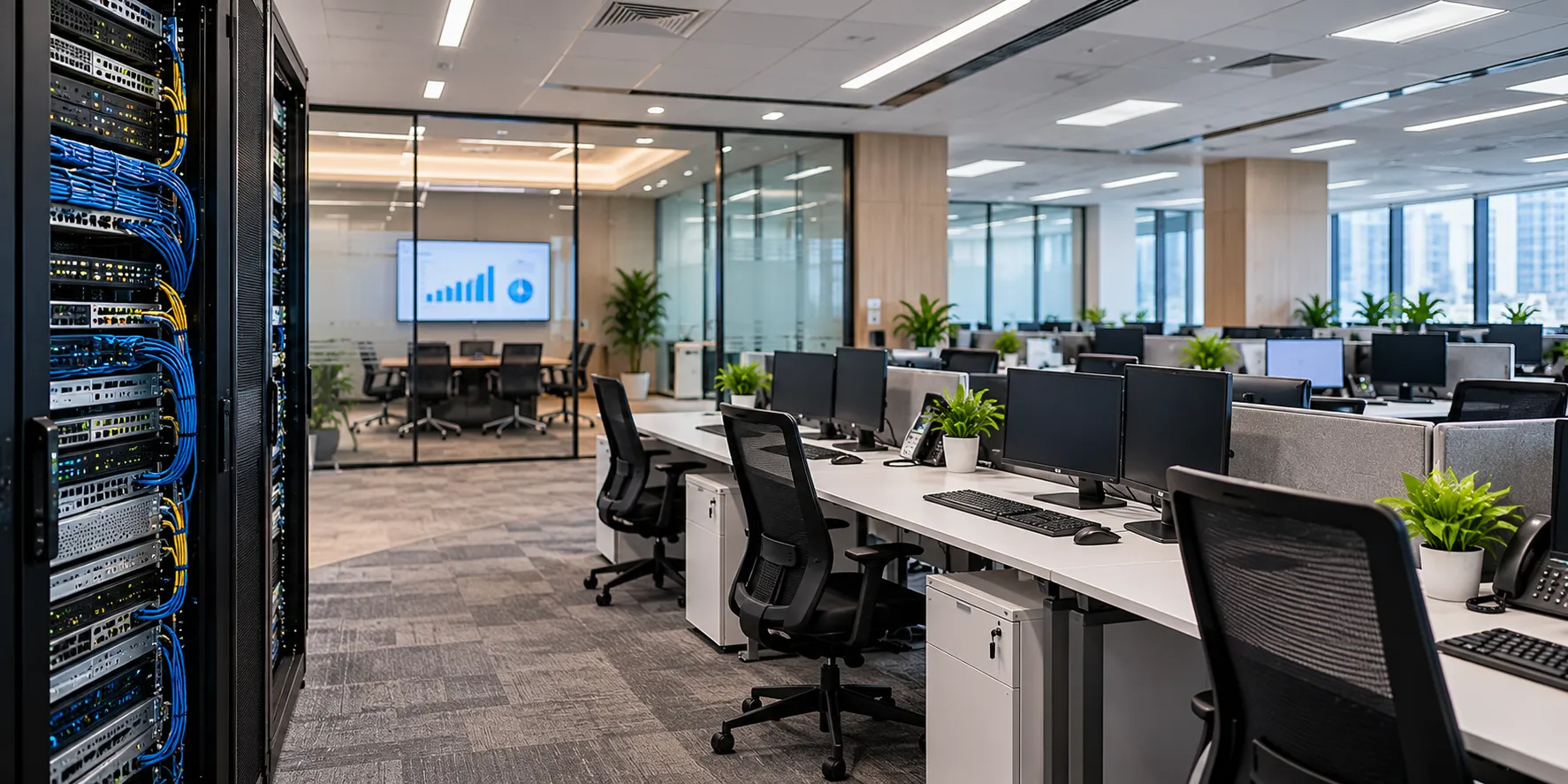 Large open-plan enterprise workspace with professionals working at desktop computers
