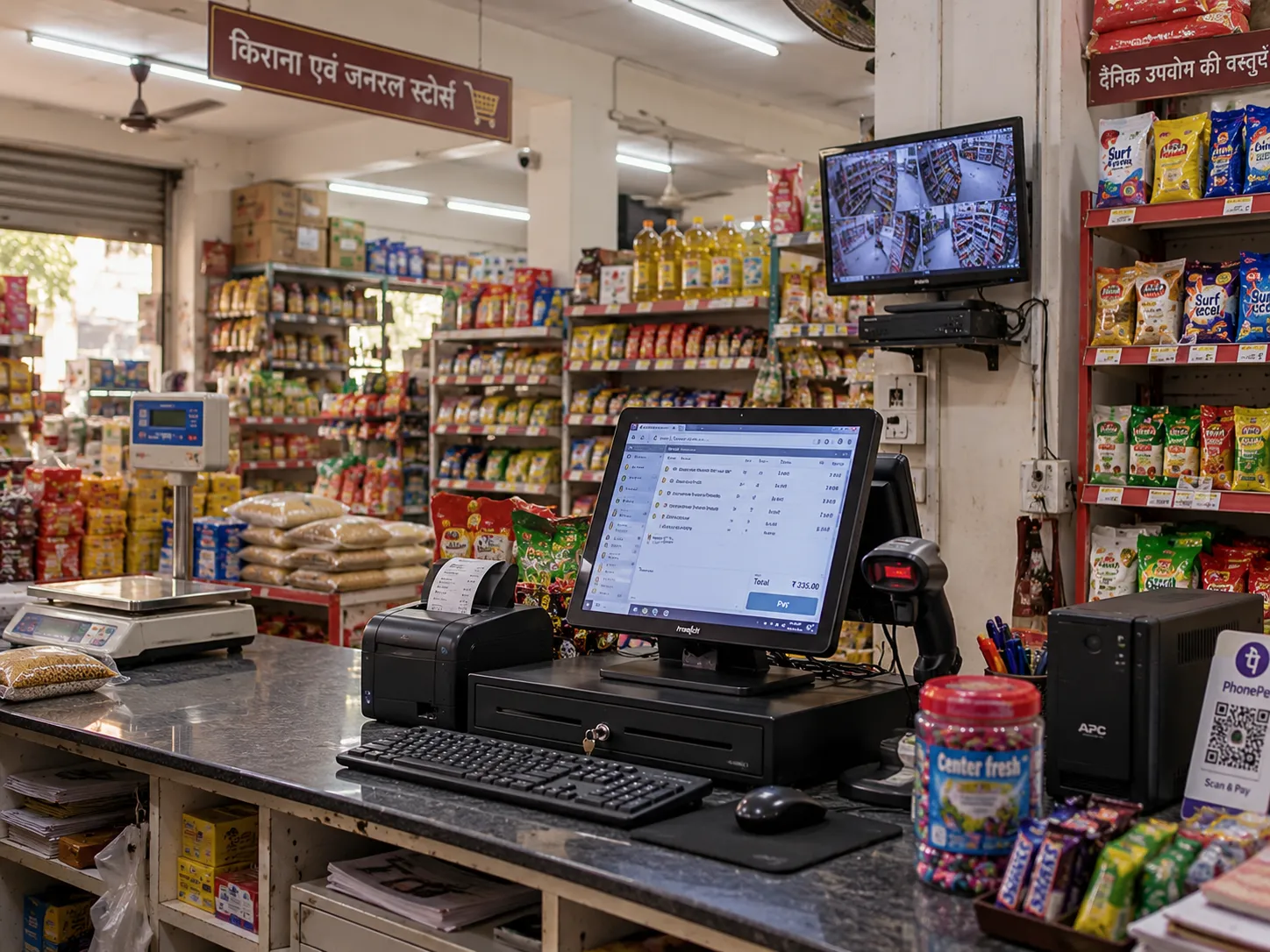 Retail staff member using a touchscreen point-of-sale terminal at a counter