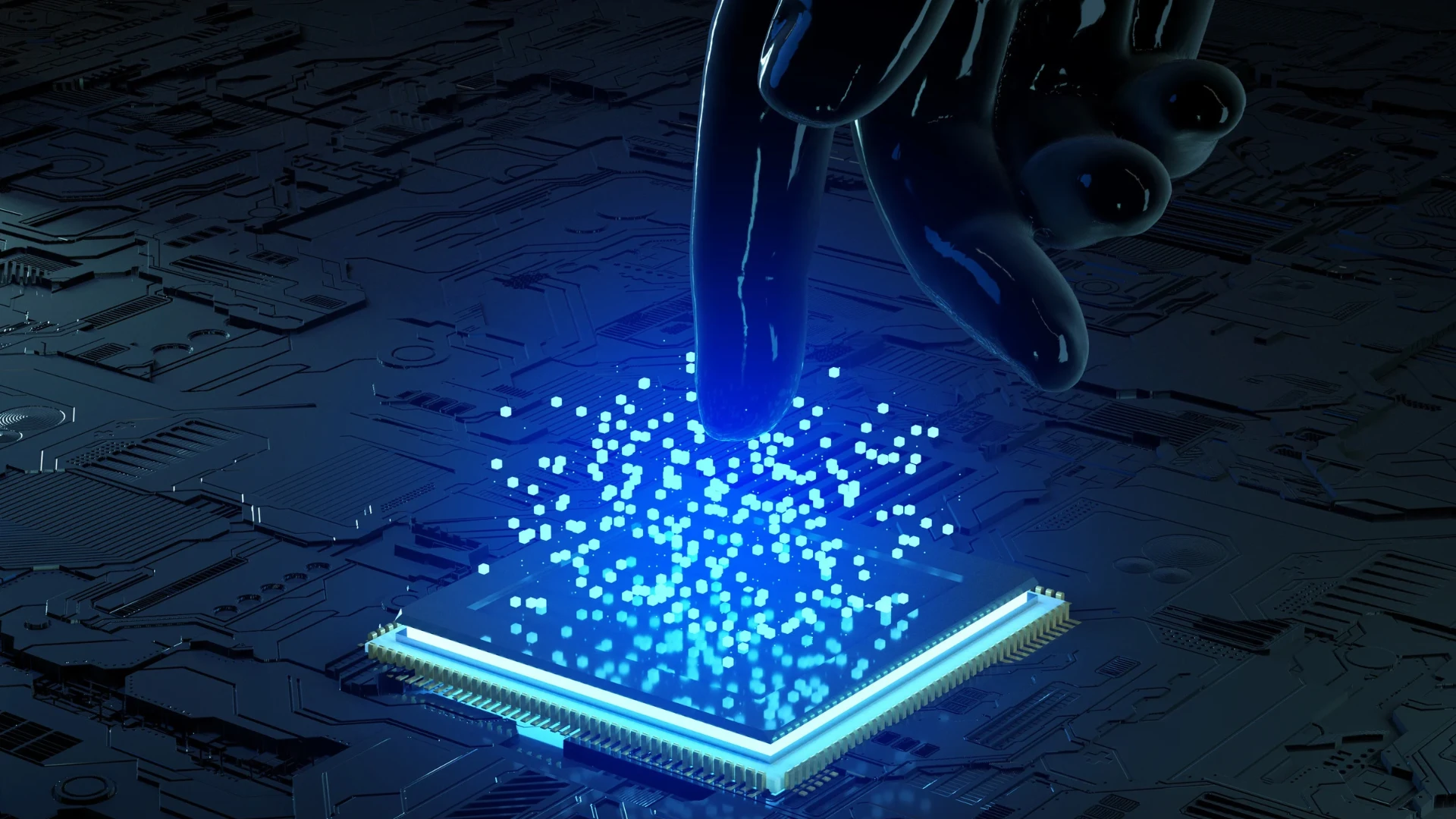 Professionals interacting with a large touchscreen display in a modern technology environment